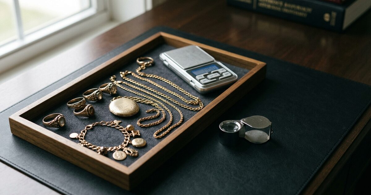 Tray of inherited gold jewelry beside a loupe and gram scale on an appraisal desk